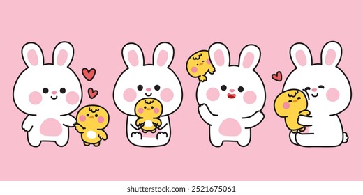 Set of cute rabbit with chicken in various poses.Friendship.Love.Rodent and bird animal.Character cartoon design.Kawaii.Vector.Illustration.