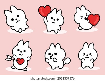Set Cute Rabbit Chubby Kawaii with Heart emotion illustration