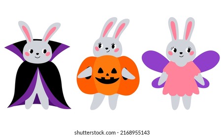 Set cute rabbit in costumes for halloween  Bunny vampire  fairy   pumpkin  Funny characters for holiday 