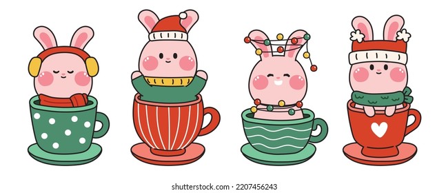 Set of cute rabbit in cup cartoon hand drawn.Merry christmas concept.Animal character design in winter clothing collection.Festival.Happy holliday.Kawaii.Vector.Illustration. 