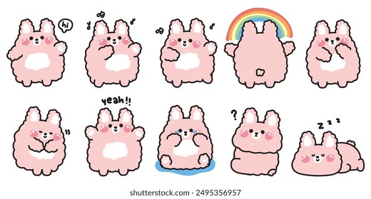 Conjunto de muñeca de conejo lindo en varias poses y sentimiento. Emocional. Saludo, triste, gracias, baile, arco iris. Conejito. Pascua. Roedor personaje animal dibujo animado diseño. Imagen para tarjeta, cartel, producto bebé. Kawaii.