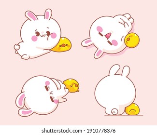 Set of cute rabbit with duck  cartoon illustration