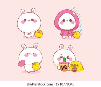 Set of cute rabbit with duck different posture cartoon illustration