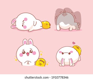 Set of cute rabbit with duck feel happy and sad cartoon illustration