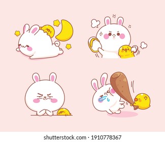 Set of cute rabbit with duck feel angry cartoon illustration