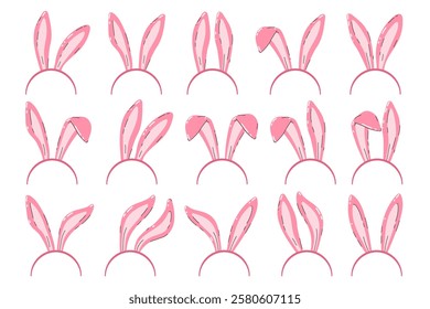 Set of cute rabbit ears. Headbands with pink Easter bunny ears. Various Easter masks. Hair hoops. Costume attribute. Vector illustrations isolated