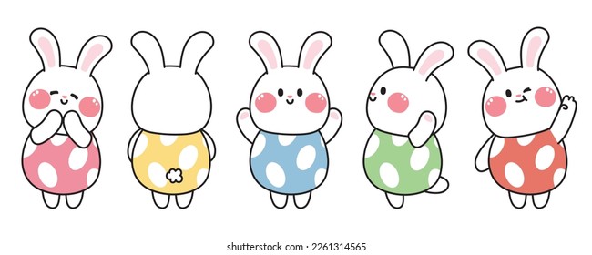 Set of cute rabbit in egg costume various poses.Easter day.Spring.Cartoon animal character design.Bunny hand drawn.Kid graphic.Kawaii.Vector.Illustration.