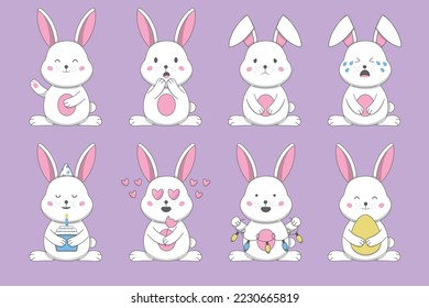 Set of cute rabbit with emotions.Symbol of 2023.Happy ,sad,surprised,crying.Easter,valentine,christmas,happy birthday.Chinese new year