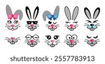 Set of cute rabbit face designs. Funny Easter bunny for kids. Isolated vector illustration in flat style