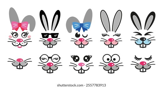 Set of cute rabbit face designs. Funny Easter bunny for kids. Isolated vector illustration in flat style