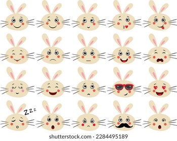 Set of a cute rabbit face with different expressions
