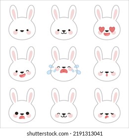 Set of cute rabbit faces with different emotions in kawaii style on a white isolated background.
