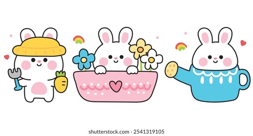 Set of cute rabbit in farm concept.Rabbit stay in flower plant pots and watering can.Carrot and hoe.Rodent animal character cartoon design.Kawaii.Vector.Illustration.