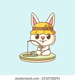 set Cute rabbit fishing fish on island kawaii chibi character mascot illustration outline style design