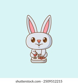 set Cute rabbit Gamer Playing Game with joystick kawaii chibi character mascot illustration outline style design