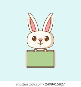 set Cute rabbit hold blank space board banner kawaii chibi character mascot illustration outline style