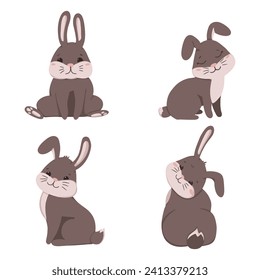 Set of cute rabbit illustrations in various poses. Cheerful cartoon rabbit. Vector illustration
