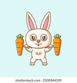 Conjunto de conejo lindo que levanta la zanahoria barbel comida kawaii chibi personaje mascota ilustración esquema diseño de estilo
