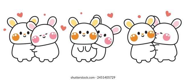 Conjunto de conejo lindo en el amor con novio.Abrazo.Beso.Diseño de personajes de dibujos animados.Roedor animal.Valentines day.Kawaii.Vector.Illustración.