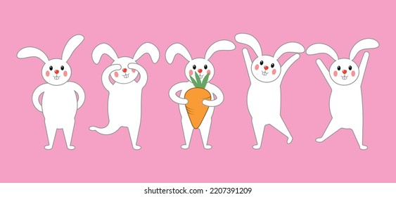 Conjunto de conejo lindo sobre un fondo rosado. Conejo de Pascua, Conejo de Pascua. Conejo de dibujos animados con zanahoria. Ilustración vectorial. Símbolo chino del año nuevo