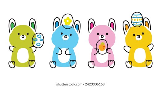 Juego de lindo conejo sentado con varios huevos de patrón sobre fondo blanco. Día de Pascua. Primavera. Diseño de caricaturas de personajes de animales conejitos. Kawaii.Vector.Ilustración.