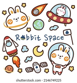 Set cute rabbit space hand drawn Galaxy concept background Character cartoon design Planets  astronauts spaceship moon earth star sticker doodle style Vector Illustration 