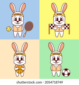 Set of cute rabbit in sports that wearing pink t-shirt isolated on colorful background. Cute rabbit cartoon style