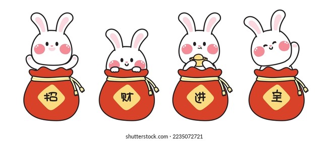 Set of cute rabbit stay in red bag with chinese language mean lucky.Chinese new year concept collection.Asian festival.Animal character cartoon design.Money.Rich.Kawaii.Vector.Illustration.