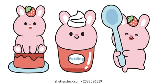 Set süßes Kaninchen in Erdbeerpudding Konzept.Sweet and dessert.Rodent Tiercharakter-Design-Kollektion.Bunny.Kawaii.Vector.Illustration.