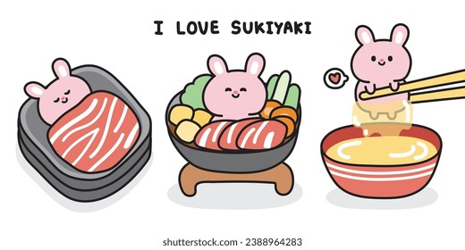 Conjunto de conejo lindo en el concepto de comida japonesa de sukiyaki. Diseño de caricaturas de animales roedores. Conejo. Carne. Huevo fresco crudo. Verduras. Comida asiática. Kawaii.Vector.Ilustración.