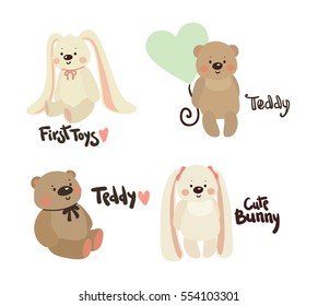 Set of Cute rabbit and teddy. Hand drawn vector illustration. Baby first toys