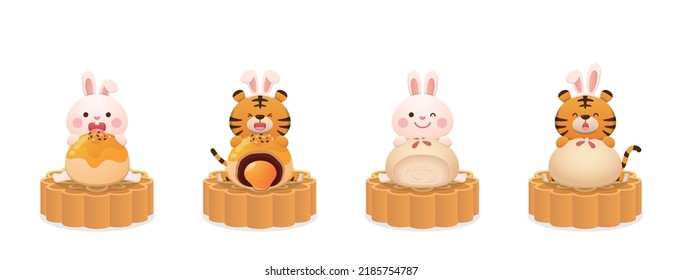 Un juego de mascotas con tigres de conejo para celebrar el festival de mediados de otoño, deliciosos pasteles de luna, postres merengue