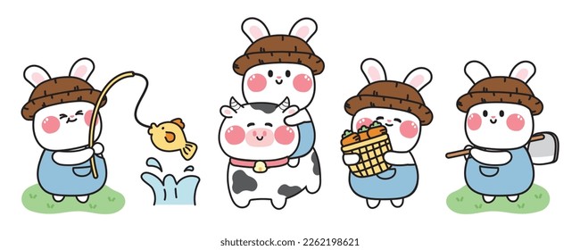 Set of cute rabbit in various poses farm concept.Pet animal character cartoon design.Bunny farmer.Fishing.Ride cow.Easter.Kawaii.Vector.Illustration.