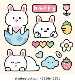 Set of cute rabbit in various poses with tiny icon cartoon.Pet animal hand drawn.Bunny,flower,strawberry,carrot,heart.Kawaii.Vector.Illustration.