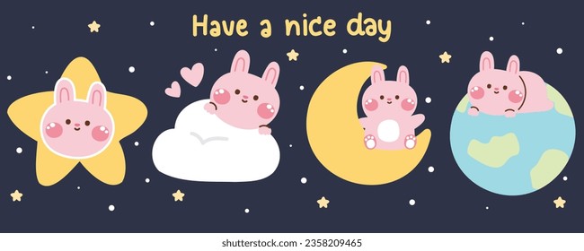 Set of cute rabbit in various poses in night sky concept.Pet animal character cartoon design.Star,cloud,moon,the earth hand drawn.Bunny.Kawaii.Vector.Illustration.