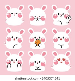 Set of cute rabbit in various poses feeling on pink background.Rodent animal character cartoon design.Bunny hand drawn collection.Kawaii.Vector.Illustration.