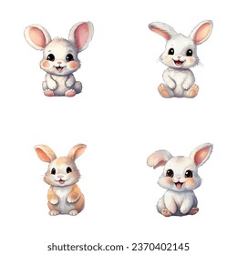 set of cute rabbit watercolor illustrations for printing on baby clothes, sticker, postcards, baby showers, games and books, Safari jungle animals vector