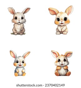 set of cute rabbit watercolor illustrations for printing on baby clothes, sticker, postcards, baby showers, games and books, Safari jungle animals vector