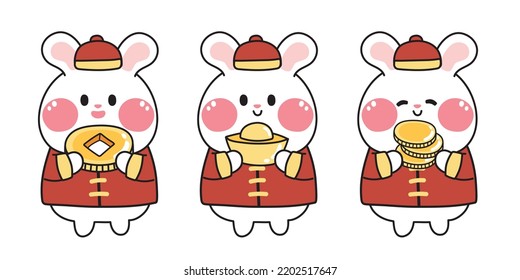 Set of cute rabbit wear chinese clothing hold gold cartoon.Animal character design collection.Asia new year.Kawaii.Vector.Illustraion.