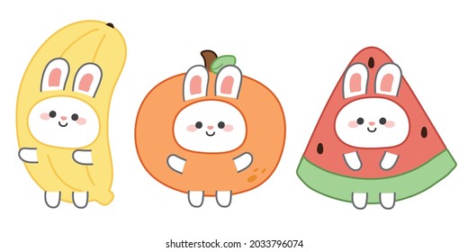 Set of cute rabbit wear fruit costume cartoon on white background.Animal character design.Banana,orange,water melon.Kid graphic design.Kawaii.Vector.Illustration.