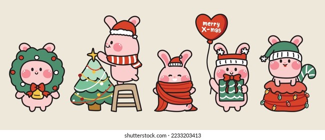 Set of cute rabbit wear santa hat in various poses.Merry christmas concept.Animal character cartoon design collection.Winter.New year.Kawaii.Vector.Illustration.