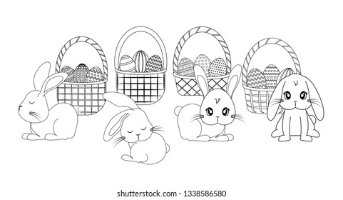 set cute rabbits with baskets and eggs of easter