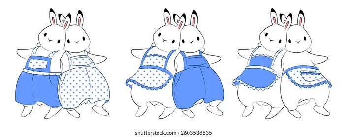 A set of cute rabbits in blue overalls and aprons. Easter illustration.