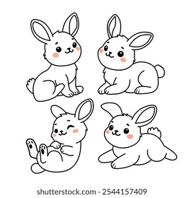 Conjunto de coelhos bonitos ou coelhos em poses diferentes. Ilustração de vetor isolado plano sobre fundo branco