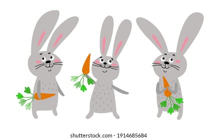 Set of cute rabbits with carrots. Funny cartoon characters, collection of cheeful bunnies, healthy food. Elements for design children's products. Vector images isolated on white