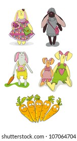 set of cute rabbits and carrots, isolated