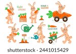 Set of cute rabbits with carrots on white isolated background in flat style. Vector illustration of gardening work on farm: watering crops, harvesting, transporting in cart.