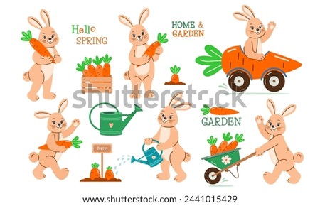 Set of cute rabbits with carrots on white isolated background in flat style. Vector illustration of gardening work on farm: watering crops, harvesting, transporting in cart.