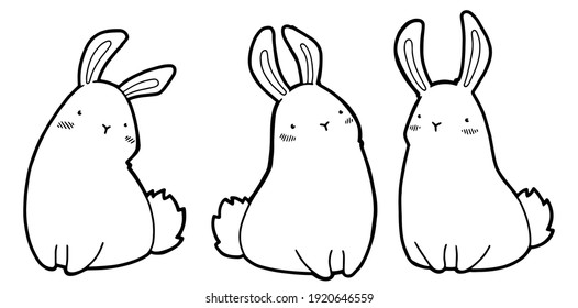 Set of cute rabbits. Cartoon characters. Outline. Coloring page. 