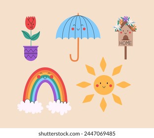 Set of cute rabbits and chicks for Easter Day. Vector illustration for spring season. Spring object: umbrella, sun, flower and rainbow. Illustration for greeting cards, posters, banners and stickers.